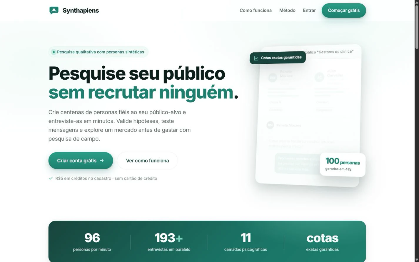 Tela inicial do Synthapiens para pesquisa de público com personas sintéticas